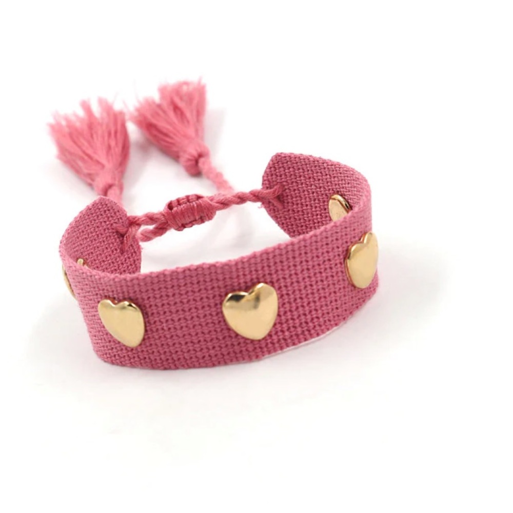 Boho Berry Pink Woven Tassel Bracelet with Heart Detail